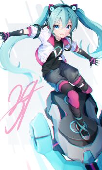 Rule 34 | 1girl, 39, absurdres, ahoge, animal ear headphones, animal ears, aqua hair, aqua nails, biker clothes, bikesuit, black boots, black shirt, black shorts, blue eyes, bodysuit, boots, breasts, cat ear headphones, cat ears, commentary, diva macchina, elbow gloves, english commentary, fake animal ears, fingerless gloves, full body, gloves, hair between eyes, hatsune miku, headphones, highres, hoverboard, jacket, ketyara, leggings, long hair, looking at viewer, lower teeth only, motor vehicle, open clothes, open jacket, pink leggings, pink trim, shirt, short sleeves, shorts, sidelocks, small breasts, smile, solo, sonic (series), sonic racing: crossworlds, standing, teeth, twintails, very long hair, vocaloid, white jacket
