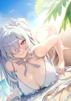1girl absurdres alternate_costume beach breasts cinderella_(nikke) goddess_of_victory:_nikke grey_hair hair_over_one_eye hallo_(rltkdydrltk) highres large_breasts looking_at_viewer navel one_eye_covered red_eyes solo