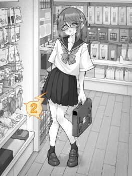 Rule 34 | 1girl, bag, blush, commentary request, flat chest, glasses, highres, holding, holding bag, implied vibrator, indoors, kakuremino7928, large variant set, medium hair, miniskirt, monochrome, open mouth, original, paid reward available, pleated skirt, sailor collar, sailor shirt, school uniform, semi-rimless eyewear, serafuku, shirt, shoes, short sleeves, skirt, socks, solo, standing, trembling, under-rim eyewear, variant set