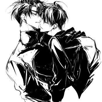 2boys black_gloves black_hair closed_eyes crew_neck curtained_hair gloves greyscale half-closed_eyes hand_on_another&#039;s_back highres hug kim_dokja looking_at_another male_focus monochrome multiple_boys omniscient_reader&#039;s_viewpoint rhyme1863 short_hair upper_body yaoi yoo_joonghyuk