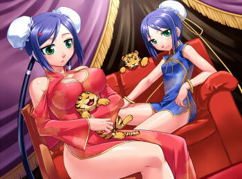 Rule 34 | 2girls, :<, android, animal, aq interactive, arcana heart, arm support, atlus, blue hair, blush, bracelet, breast rest, breasts, breasts on head, bun cover, cable, carried breast rest, carrying, china dress, chinese clothes, cleavage, cleavage cutout, clothing cutout, curtains, double bun, dress, examu, flat chest, green eyes, hair ornament, hairclip, hug, impossible clothes, impossible dress, jewelry, large breasts, mei-fang, mei ling hua, misao (kami no misoshiru), multiple girls, ribbon, short dress, short hair, sitting, size difference, smile, thighs, tiger