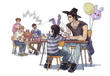 abaddon_(haunted_hotel) animal_ears balloon ben_freeling birthday_party bonnie_(fnaf) bonnie_(fnaf)_(cosplay) boots brown_hair cake capotain character_balloon commentary cosplay english_commentary esther_freeling fake_animal_ears family father_and_son five_nights_at_freddy's food fox_ears foxy_(fnaf) foxy_(fnaf)_(cosplay) haunted_hotel highres hook_hand katherine_freeling nathan_freeling priest_(haunted_hotel) rabbit_ears repeeksdnuorg shirt simple_background sitting striped_clothes striped_shirt white_background