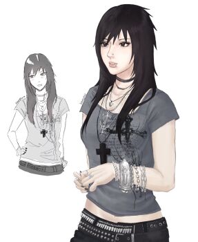 Rule 34 | 1girl, alternate costume, alternate hairstyle, belt, black belt, black eyes, black eyeshadow, black hair, black nails, black pants, bleeehrghw, bracelet, chain, chain bracelet, choker, commentary, cowboy shot, cropped torso, cross, cross necklace, cyber sigilism, english commentary, eyeshadow, face piercing, grey shirt, hair over shoulder, hand on own hip, highres, ibispaint (medium), jewelry, lip piercing, long hair, lowleg, lowleg pants, makeup, midriff peek, multiple bracelets, multiple necklaces, multiple rings, multiple views, naruto (series), necklace, nose piercing, pants, parted lips, piercing, ring, shirt, silver bracelet, silver necklace, sketch inset, spiked bangs, square neckline, studded belt, sword print, t-shirt, teeth, uchiha sasuke, white background, y2k fashion