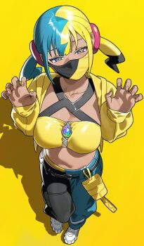 1girl 987645321o bandeau black_hair black_mask black_pants blonde_hair blue_eyes blue_hair blue_pants breasts canari_(pokemon) collarbone commentary_request dark-skinned_female dark_skin fingernails highres jacket large_breasts looking_at_viewer midriff multicolored_hair navel nintendo pants pokemon pokemon_legends:_z-a shadow solo standing twintails two-tone_mask two-tone_pants yellow_background yellow_bandeau yellow_jacket yellow_mask