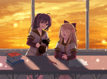 2girls ahoge bad_id bad_pixiv_id blonde_hair book bow cioccoleti coffee coffee_mug coffee_pot cup closed_eyes hair_bow mug multiple_girls open_mouth paper purple_hair school_uniform serafuku sitting sugiura_ayano table toshinou_kyouko window yuruyuri
