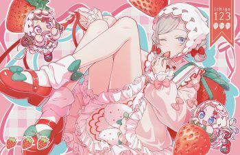 Rule 34 | 3girls, :d, blonde hair, blue eyes, blue hair, bonnet, bow, brown hair, ceras yanagida lilienfeld, chibi, chibi inset, dress, food, footwear bow, frilled dress, frills, fruit, game cg, gradient hair, green bow, grey hair, hair bow, highres, holding, holding food, holding fruit, holding ribbon, ichigo 123 (love live!), kachimachi kosuzu, link! like! love live!, long hair, looking at viewer, loose socks, love live!, mary janes, medium hair, multicolored hair, multiple girls, non-web source, official art, one eye closed, open mouth, osawa rurino, pink eyes, red bow, red ribbon, red shoes, ribbon, self-datamine, shoes, smile, socks, strawberry, virtual youtuber, white bonnet, white dress, white socks