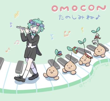 Rule 34 | 1boy, alternate costume, antenna hair, basil (headspace) (omori), basil (omori), black shoes, black shorts, black suit, bow, bowtie, castanets, commentary request, double-parted bangs, flower, flower wreath, flute, formal clothes, green bow, green bowtie, green eyes, green hair, hair between eyes, head wreath, highres, holding, holding flute, holding instrument, instrument, long sleeves, male focus, music, musical note, omori, otamatone, panyanonidaime, piano keys, playing flute, playing instrument, shoes, short hair, shorts, sidelocks, socks, solo, sprout mole, suit, tambourine, translation request, treble clef, twitter username, white socks