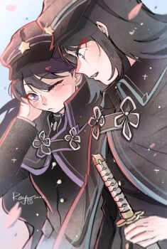 2girls bang_dream! bang_dream!_it&#039;s_mygo!!!!! black_cape black_hair black_hat black_jacket blue_eyes blush cape chinese_commentary closed_mouth commentary_request falling_petals hand_up hat highres jacket katana long_hair long_sleeves multiple_girls one_eye_closed open_mouth petals shiina_taki sword weapon yahata_umiri yoyoray20001996