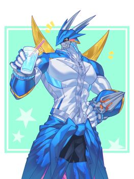 1boy absurdres bara black_shorts border cowboy_shot cozhngzh2 cup digimon digimon_(creature) dragon gauntlets glass green_background highres holding holding_cup jacket male_focus red_eyes shorts simple_background solo ulforcev-dramon white_border white_jacket
