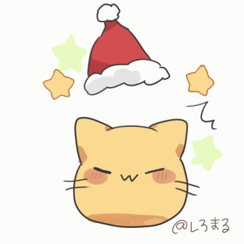 >_< :3 animal_focus animated animated_gif artist_name blob_(google) blobcat cat closed_mouth commentary fur-trimmed_headwear fur_trim hashtag-only_commentary hat open_mouth original pom_pom_(clothes) red_hat sack santa_hat shirasuame_shiromaru signature simple_background sparkle sparkling_eyes white_background