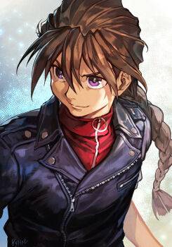 Rule 34 | 1boy, black jacket, braid, braided ponytail, brown hair, duo maxwell, gundam, gundam wing, hungry clicker, jacket, purple eyes, red shirt, shirt, solo, upper body