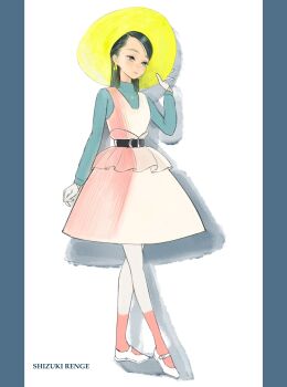 Rule 34 | 1girl, artist name, belt, blue eyes, commentary, dress, earrings, english commentary, full body, hat, highres, jewelry, long hair, long sleeves, necklace, original, renge (042514), shoes, solo, standing, sun hat, white dress, white shoes, yellow hat