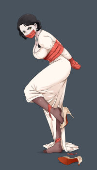 1girl absurdres alcina_dimitrescu black_pantyhose bound breasts cleavage dress full_body gag highres improvised_gag large_breasts looking_at_viewer lost_one_zero pantyhose resident_evil resident_evil_village restrained short_hair solo tape tape_bondage tape_gag white_dress