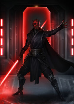 1boy alien black_cape black_pants black_tunic cape colored_skin darth_maul double_bladed_lightsaber energy_sword facial_tattoo highres holding holding_sword holding_weapon horns indoors lightsaber mechanical_legs pants red_lightsaber red_skin sith small_horns solo star_wars steven_g sword tattoo tunic weapon yellow_eyes zabrak