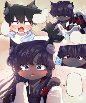 ? absurdres animal animal_ear_fluff animalization black_hair blank_speech_bubble blush cat clothed_animal commentary d: fangs highres j_humbo komi-san_wa_komyushou_desu komi_shouko long_hair long_sleeves open_mouth short_hair speech_bubble sweat symbol-only_commentary tadano_hitohito