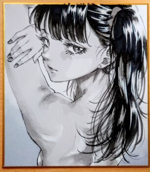 1girl arm_up closed_mouth commentary_request expressionless fingernails from_behind greyscale hand_on_own_arm hand_up long_hair looking_at_viewer looking_back makomako1061 monochrome nude original photo_(medium) shikishi side_ponytail solo traditional_media turning_head upper_body