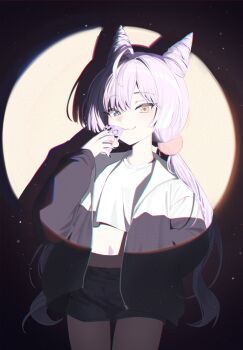 1girl :3 absurdres ahoge black_nails black_shorts blue_eyes cellphone cellphone_charm character_charm character_name charm_(object) closed_mouth commentary_request cone_hair_bun cowboy_shot crop_top cropped_shirt double_bun hair_bun hair_intakes hair_ornament hand_in_pocket hand_up heterochromia highres holding holding_phone huhe_01 inari_(tenko_shibuki) jacket korean_commentary long_hair long_sleeves looking_at_viewer midriff multicolored_jacket navel open_clothes open_jacket orange_eyes phone pom_pom_(clothes) pom_pom_hair_ornament purple_hair purple_pupils shirt short_shorts shorts smartphone smile solo spotlight standing stellive t-shirt tenko_shibuki twintails two-tone_jacket very_long_hair virtual_youtuber white_shirt yellow_pupils