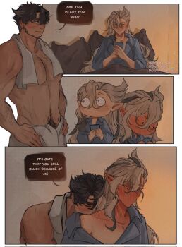 2boys arm_hair asymmetrical_bangs beard_stubble black_hair blue_shirt blush cellphone chest_hair closed_eyes collared_shirt commentary couple earrings english_commentary english_text facial_hair full-face_blush genshin_impact grey_hair highres holding holding_phone hug hug_from_behind indoors jewelry looking_at_another male_focus male_pubic_hair mature_male multicolored_hair multiple_boys naked_towel neuvillette_(genshin_impact) no_mouth on_bed pectorals phone pillow pubic_hair pubic_hair_peek rokotprints shirt short_hair single_bare_shoulder sitting smartphone speech_bubble streaked_hair stubble towel towel_around_neck towel_around_waist twitter_username wriothesley_(genshin_impact) yaoi