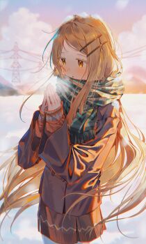 Rule 34 | 1girl, absurdres, backlighting, blonde hair, blush, breath, brown coat, brown skirt, cloud, coat, colored eyelashes, commentary, cowboy shot, enpera, gakuen idolmaster, green scarf, hair ornament, hairclip, hands up, highres, idolmaster, long hair, long sleeves, looking down, orange eyes, outdoors, own hands together, parallel hairclips, parted lips, plaid clothes, plaid scarf, power lines, ratto (ratto channel), scarf, shinosawa hiro, skirt, sky, snow, solo, standing, sunset, transmission tower, very long hair, winter, winter clothes