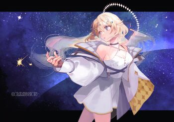 Rule 34 | 1girl, banbanjiiiiiii, bare shoulders, black choker, blonde hair, blue eyes, blue nails, breasts, brown gloves, choker, cleavage, commentary request, commission, dress, fingerless gloves, gloves, hair ornament, hairclip, halterneck, highres, jacket, kaneko lumi, long hair, long sleeves, looking to the side, medium breasts, night, off-shoulder dress, off shoulder, open clothes, open jacket, phase connect, puffy long sleeves, puffy sleeves, skeb commission, sky, solo, star (sky), starry sky, virtual youtuber, white dress, white jacket