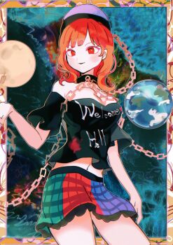 Rule 34 | 1girl, abstract background, bare shoulders, black collar, black shirt, blue skirt, breasts, chain, cleavage, clothes writing, collar, comkdom, commentary, cowboy shot, earth (ornament), green skirt, hecatia lapislazuli, highres, large breasts, long hair, looking at viewer, midriff, moon (ornament), multicolored skirt, navel, off-shoulder shirt, off shoulder, parted lips, red eyes, red hair, red skirt, shirt, short sleeves, skirt, smile, solo, touhou, underworld (ornament)