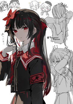 1girl alternate_hairstyle arms_behind_head black_hair black_skirt chibi chibi_inset commentary_request empty_eyes flower hair_flower hair_ornament hand_up hasumi_leia highres holding holding_own_hair inamori_ryusa jogasaki_noah kurobe_nanoka long_hair long_sleeves looking_at_viewer mahou_shoujo_no_majo_saiban multiple_views necktie nikaido_hiro parted_lips ponytail red_eyes red_flower red_necktie sakuraba_ema simple_background skirt tying_hair white_background