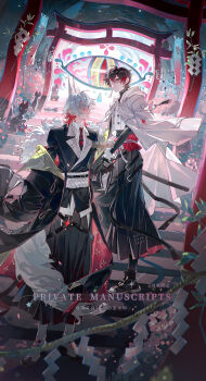 Rule 34 | 1boy, 1girl, absurdres, adam's apple, ahoge, animal ears, belt, black gloves, black skirt, black socks, boots, brown eyes, brown hair, cherry blossoms, cloak, closed mouth, coat, collared shirt, expressionless, eyepatch, fengjian yuzhi, flower, fox ears, full body, fur-trimmed coat, fur trim, gloves, highres, holding hands, hood, hood down, incredibly absurdres, lapels, long skirt, long sleeves, looking at another, looking up, medical eyepatch, multicolored hair, multiple belts, multiple torii, necktie, notched lapels, one eye covered, original, red eyes, shirt, shoes, short hair, skirt, smile, sneakers, socks, standing, statue, tail, tassel, torii, turtleneck, two-sided fabric, two-sided skirt, two-tone hair, white boots, white cloak, white flower, white hair, white shirt, white tail