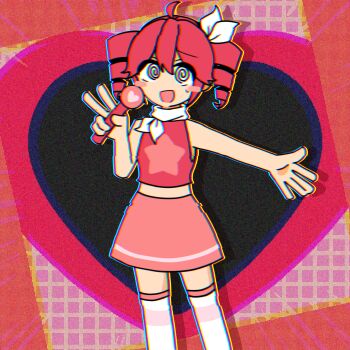 1girl @_@ alternate_costume blush_stickers chromatic_aberration commentary drill_hair drop_shadow feet_out_of_frame glitch highres holding holding_microphone kasane_teto looking_at_viewer microphone miniskirt neckerchief open_mouth outline pink_skirt red_hair red_shirt shirt skirt sleeveless sleeveless_shirt smile solo spoken_for_(synthesizer_v) thighhighs tsuki_no_suna_(tt_ri_ut) twin_drills utau white_neckerchief white_outline white_thighhighs