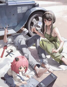 1boy 2girls absurdres alternate_costume anya_(spy_x_family) bare_shoulders barefoot bingwei_huang blanket breasts car child commentary english_commentary family_bonding feet green_eyes grey_car hairband hairpods highres holding holding_wrench large_breasts long_hair looking_at_viewer lying medium_hair motor_vehicle multiple_girls on_back overalls pants pink_hair repairing shirt shirt_tucked_in short_hair short_sleeves smile spy_x_family toes tools twilight_(spy_x_family) wheel wrench yor_briar