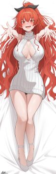 1girl absurdres bed_sheet blush breasts cleavage commentary_request eris_greyrat foreshortening hair_between_eyes hair_ribbon highres large_breasts long_hair looking_at_viewer marbo_(saico556) mushoku_tensei open-chest_sweater open_mouth outstretched_hand ponytail red_eyes red_hair ribbon slippers solo sweater very_long_hair