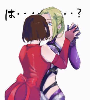 2girls ? anna_williams bare_shoulders blonde_hair blue_eyes bob_cut bow brown_hair dounamu fingerless_gloves from_behind gloves highres holding_hands incest interlocked_fingers japanese_text kiss multiple_girls nina_williams ponytail red_ribbon ribbon siblings sisters strap surprise_kiss surprised tekken tight_clothes white_background yuri