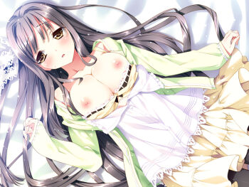 1girl :o akagi_chisato bed_sheet black_pantyhose blush bow bow_bra bra bra_pull breasts breasts_out brown_hair buttons clenched_hands clothes_pull cowboy_shot dutch_angle female_focus fingernails frills from_above game_cg grey_hair hair_intakes hair_ornament hair_ribbon kamiya_maneki lace lace-trimmed_bra lace_trim large_breasts long_hair long_sleeves looking_at_viewer lying nipples off_shoulder on_back on_bed open_clothes open_mouth open_shirt pantyhose raised_eyebrows relations_sisterxsister ribbon shirt skirt sleeves_past_wrists solo strap_slip unbuttoned underwear very_long_hair yellow_bra yellow_eyes