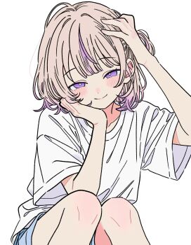 1girl blonde_hair blue_shorts blush bright_pupils collarbone hand_on_own_head head_rest highres hololive hololive_dev_is looking_at_viewer multicolored_hair purple_eyes purple_hair seiku092 shirt short_hair shorts simple_background sitting smile solo streaked_hair todoroki_hajime white_background white_shirt
