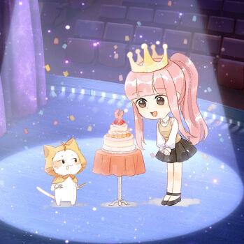 1girl ahoge animal anniversary artist_request birthday birthday_cake black_shoes black_skirt blunt_bangs blush_stickers bow bowtie brown_vest cake cat chair chibi chinese_commentary clenched_hands cloak clothed_animal collared_shirt commentary_request confetti crown curtains double-parted_bangs ear_covers food fork frilled_sleeves frills hands_on_lap high_heels holding holding_fork holding_knife hood hood_up hooded_cloak indoors knife light_particles long_hair long_sidelocks long_sleeves looking_at_food miniskirt miracle_nikki momo_(nikki) nikki_(nikki) nikki_(series) official_art orange_bow orange_bowtie own_hands_together pink_hair pleated_skirt ponytail puffy_long_sleeves puffy_sleeves pumps second-party_source shadow shirt shoes sidelocks skirt sleeves_past_wrists spotlight stage traditional_bowtie very_long_hair vest whiskers white_cat white_shirt yellow_cloak yellow_crown