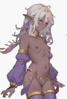1girl absurdres arabian_clothes armlet breasts dancer dark-skinned_female dark_elf dark_skin earrings elf female_pubic_hair gem gold_trim harem_outfit head_chain highres huge_filesize jewelry loli long_hair long_sleeves neck_ring nipples nude original pointy_ears pubic_hair puffy_long_sleeves puffy_sleeves pussy red_eyes revealing_clothes simple_background skinny small_breasts solo sparse_pubic_hair thighhighs thighs txooxt uncensored white_background white_hair white_pubic_hair