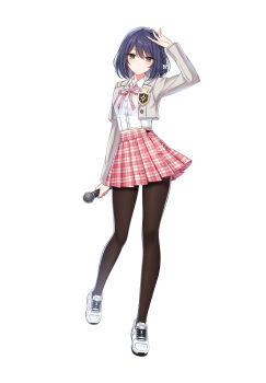 1girl absurdres arm_at_side badge black_pantyhose blue_hair bob_cut bow braid closers collared_shirt cropped_jacket eunha_(closers) expressionless full_body green_eyes grey_jacket hair_bow hand_on_own_head highres holding holding_microphone idol jacket long_sleeves looking_at_viewer microphone midriff_peek miniskirt neck_ribbon official_art open_clothes open_jacket pantyhose pink_ribbon pink_skirt plaid_clothes plaid_ribbon plaid_skirt pleated_skirt ribbon school_uniform shirt shoes short_hair side_braid simple_background skirt sneakers solo tachi-e walking white_background white_bow white_shirt white_shoes