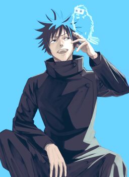 1boy black_hair black_jacket black_pants blue_background creature fushiguro_megumi hair_between_eyes highres jacket jujutsu_kaisen jujutsu_tech_uniform kamosuto long_sleeves male_focus open_mouth pants short_hair sitting smile solo spiked_hair upper_body
