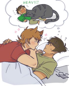 Rule 34 | > <, 2boys, :3, = =, ?, animal, animification, antenna hair, blanket, blush, boy on top, brown hair, cat, closed eyes, commentary, dimosum, edd (eddsworld), eddsworld, english commentary, english text, fan request, flipped hair, green hoodie, green pants, green shirt, grey cat, hair behind ear, hair ears, hand on another's back, highres, hood, hood down, hoodie, long sleeves, looking at another, lying, lying on person, male focus, multiple boys, on back, on stomach, open mouth, pants, pillow, red shirt, ringo (eddsworld), shirt, short hair, short sleeves, simple background, sleeping, speech bubble, sweat, swept bangs, tabby cat, tan, thought bubble, tord (eddsworld), under covers, unworn eyewear, white background, yaoi