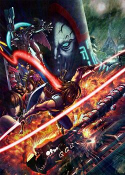 3boys 3girls anihilate_uroboros armor battle pei_pooh blade blue_eyes brown_eyes brown_hair building cannon capcom city cloud damaged energy energy_gun explosion fangs flower gloves grand_master_meio kazakh kazakhstan kunai looking_at_viewer mecha monster moon mosque multiple_boys multiple_girls nang_pooh ninja official_art plasma_sword polearm power_armor production_art promotional_art realistic red_eyes robot rose sai_pooh science_fiction serpent snow solo_(strider) space_elevator spear spiked_hair strider_(video_game) strider_hiryuu tong_pooh tonfa tunic veins weapon wings