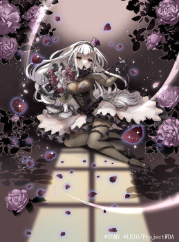 1girl alfou_(wixoss) black_bodysuit black_dress black_gloves black_shoes bodysuit breasts cleavage closed_mouth copyright_request dress gloves high_heels long_hair looking_at_viewer medium_breasts mouth_hold official_art red_eyes ren-co shoes solo very_long_hair white_hair wixoss