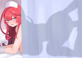 1boy 1girl absurdres all_fours blue_eyes blush breasts commentary_request completely_nude curtains doggystyle gloves go-toubun_no_hanayome hair_ornament hat hetero highres huge_breasts long_hair micosiva nakano_itsuki nude nurse_cap open_mouth paid_reward_available penis_shadow red_hair sex sex_from_behind silhouette star_(symbol) star_hair_ornament stealth_sex white_gloves