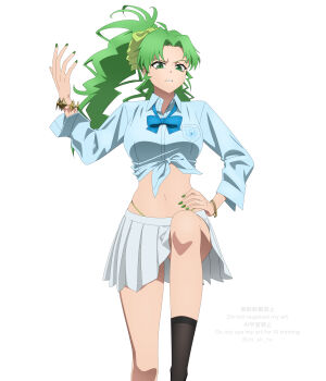 1girl absurdres alternate_costume alternate_hairstyle black_socks bleach bleach:_sennen_kessen-hen blue_bow blue_bowtie blue_shirt bow bowtie bracelet candice_catnipp collared_shirt commentary frown green_eyes green_hair green_nails green_panties hair_bow hand_up highleg highleg_panties highres jewelry knee_up kneehighs long_hair long_sleeves looking_at_viewer miniskirt nail_polish navel official_alternate_costume panties parted_bangs parted_lips pleated_skirt ponytail quincy_(bleach) school_uniform shirt simple_background skirt socks solo spiked_hair sternritter stomach underwear v-shaped_eyebrows watermark white_background white_skirt yellow_bow yoshino_(laencl)