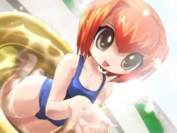 Rule 34 | 1girl, 2000s (style), :3, barefoot, blue one-piece swimsuit, blurry, blurry background, breasts, brown eyes, cleavage, collarbone, day, dutch angle, full body, game cg, hair between eyes, hair intakes, holding water, kenki fujioka, kneeing, majo no ochakai, medium breasts, nee (majo no ochakai), non-web source, official art, one-piece swimsuit, open hands, open mouth, orange hair, school swimsuit, sidelocks, smile, solo, swimsuit, thighs, wading pool, water, wet
