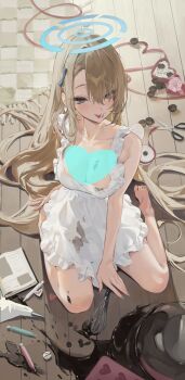 1girl apron asuna_(blue_archive) bare_shoulders barefoot blonde_hair blue_archive blue_eyes blue_halo blush book bowl box box_of_chocolates breasts chocolate chocolate_on_body chocolate_on_breasts chocolate_on_face cleavage collarbone dance_arm food food_on_body food_on_face hair_over_one_eye halo hashtag-only_commentary highres large_breasts long_hair looking_at_viewer naked_apron on_floor ribbon scissors sitting smile solo thighs tongue tongue_out very_long_hair whisk white_apron
