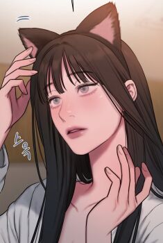 Rule 34 | 1girl, animal ears, bad thinking diary, black hair, blush, cat ears, grey eyes, highres, kang yuna (bad thinking diary), long hair, parted lips, rangrarii, red lips, solo