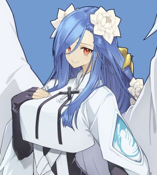 10mo 1girl black_gloves blue_background blue_hair breasts closed_mouth commentary_request crop_top crop_top_overhang dizzy_(guilty_gear) elbow_gloves fingerless_gloves flower gloves guilty_gear guilty_gear_strive hair_between_eyes hair_flower hair_ornament hand_on_own_chest highres large_breasts long_hair looking_at_viewer mature_female nail_polish pink_nails queen_dizzy red_eyes sidelocks simple_background smile solo swept_bangs upper_body white_flower yellow_flower