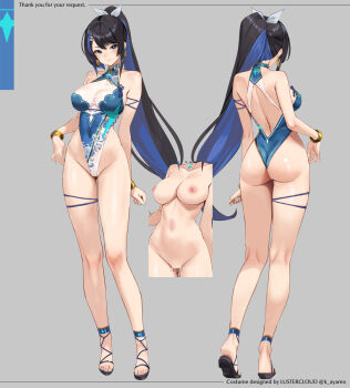 1girl adapted_costume alyssa_(specktech) ass ayamo_kaoru back backless_outfit black_hair black_sandals blue_hair blue_one-piece_swimsuit bow breasts china_dress chinese_clothes commission covered_navel dress full_body grey_background hair_bow hair_ornament hairclip highleg highleg_one-piece_swimsuit highres knees large_breasts legs multicolored_hair multiple_views one-piece_swimsuit original ponytail print_one-piece_swimsuit sandals simple_background standing swimsuit thigh_strap thighs two-tone_hair white_bow