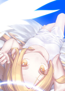 1girl absurdres angel_notes angel_wings bare_shoulders blonde_hair breasts dress forehead halo highres long_hair looking_at_viewer lying on_back parted_bangs small_breasts smile solo v/v white_dress wings yellow_eyes yubeshi_(zecxl)