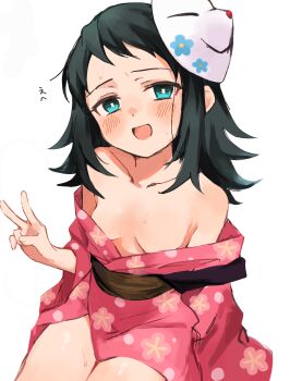 Rule 34 | 1girl, absurdres, bare shoulders, baru 4416, black hair, black sash, blue eyes, breasts, bright pupils, commentary, flipped hair, floral print, fox mask, highres, japanese clothes, kimetsu no yaiba, kimono, kimono partially removed, long hair, long sleeves, looking at viewer, makomo (kimetsu), mask, mask on head, open mouth, partially undressed, pink kimono, print kimono, sash, simple background, small breasts, smile, solo, sweat, swept bangs, translated, v, white background