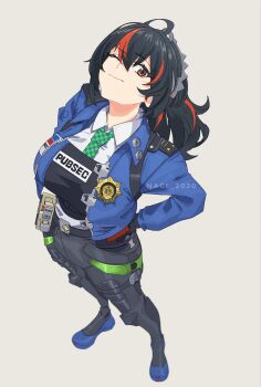 1girl absurdres black_hair black_pants blue_jacket blue_shoes breasts checkered_necktie from_above green_necktie hairband highres jacket large_breasts metal_hairband multicolored_hair necktie one_eye_closed pants police police_uniform policewoman ponytail red_eyes red_hair shoes solo soutou_nagi streaked_hair stretching zenless_zone_zero zhu_yuan